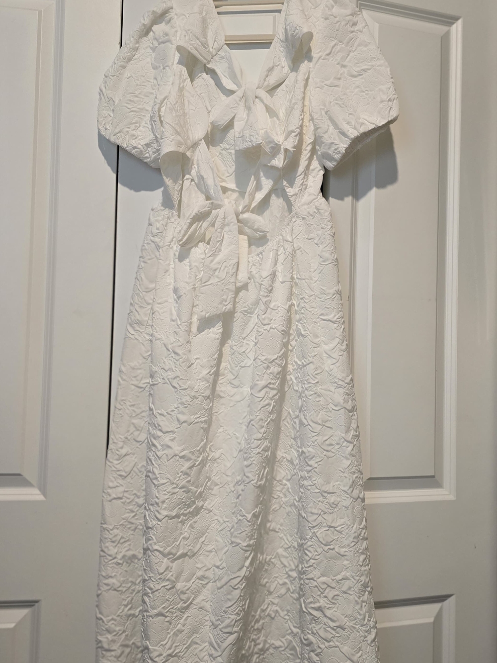 New York & Company White Square Neck Midi Dress with Puff Sleeves - Picture 3 of 3